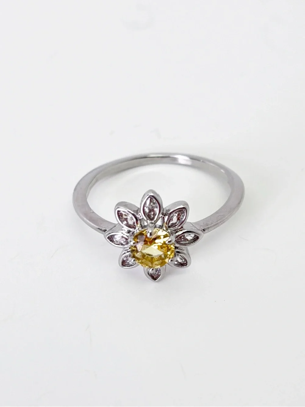 Sterling Silver Daisy Ring with Yellow Center Stone Cubic Zircon